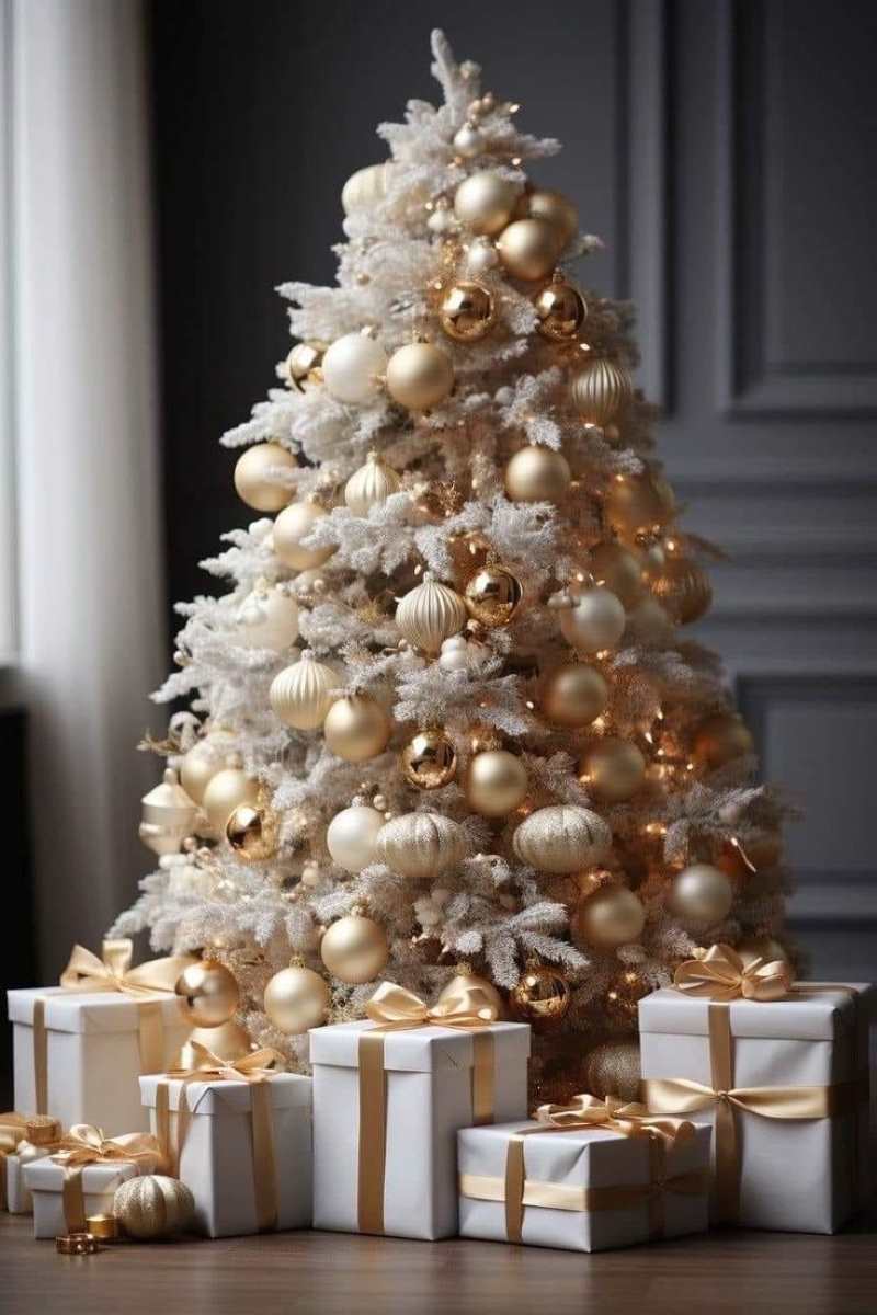 gold-and-white-colored-Christmas-tree-with-boxes-of-gift-by-its-side-a-classy-Christmas-decor-ideas