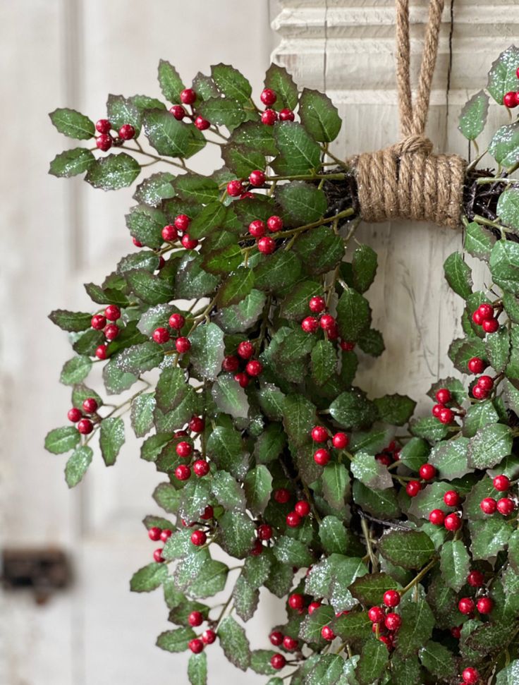 a-green-with-red-holly-on-a-white-door-