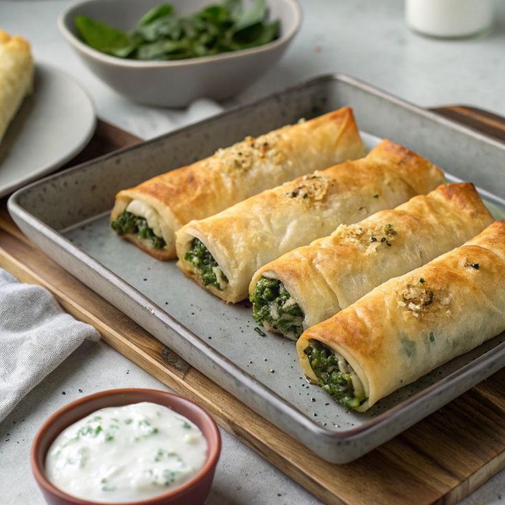 Golden-brown-spinach-and-feta-spring-rolls-on-a-baking-tray-served-with-a-side-creamy-dip