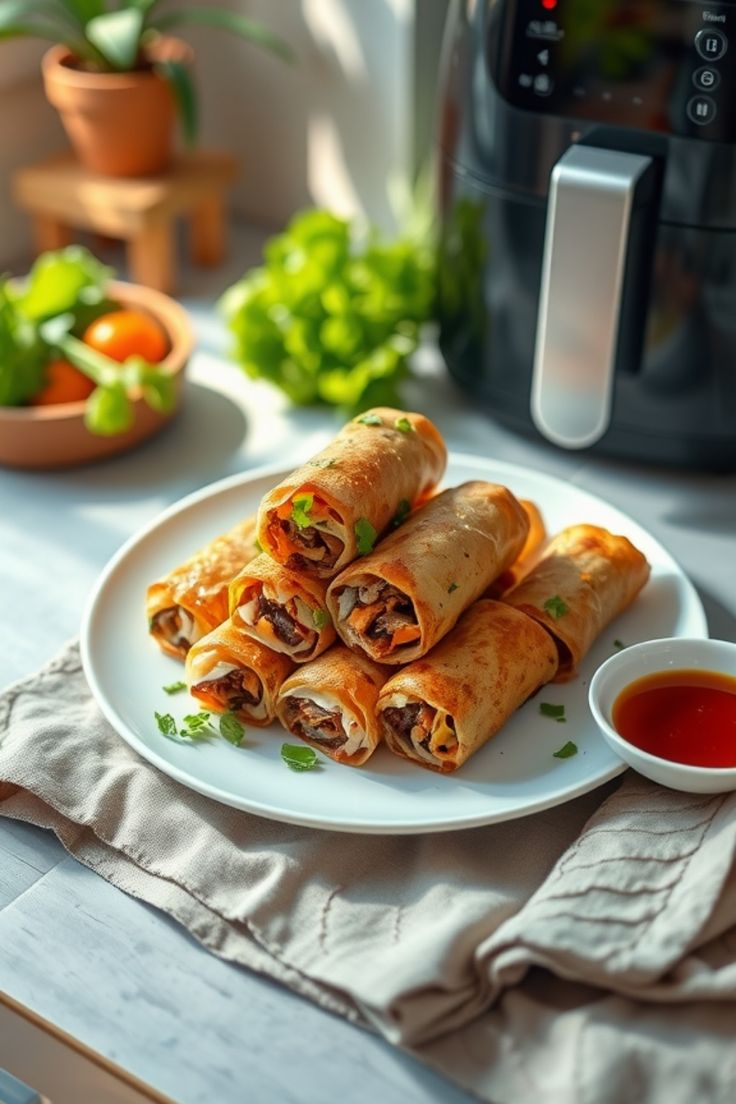 This-is-a-stack-of-golden-brown-cheeseburger-springrolls-stuffed-with-vegetables-on-a-white-plate-served-with-dipping-sauce-with-an-airfryer-and-fresh-produce-at-the-background