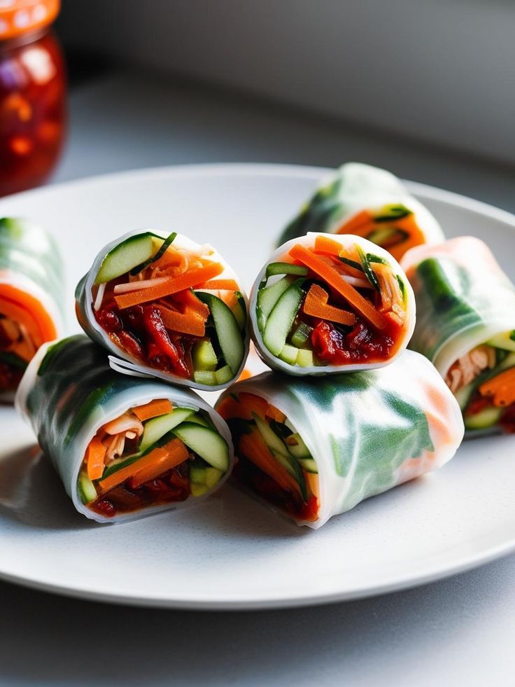 This-is-an-image-of-fresh-kimchi-spring-rolls-cut-in-half-showing-colorful-fillings-of-cucumber-carrot-and-leafy-greens-wrapped-in-transculent-paper-served-on-a-white-plate