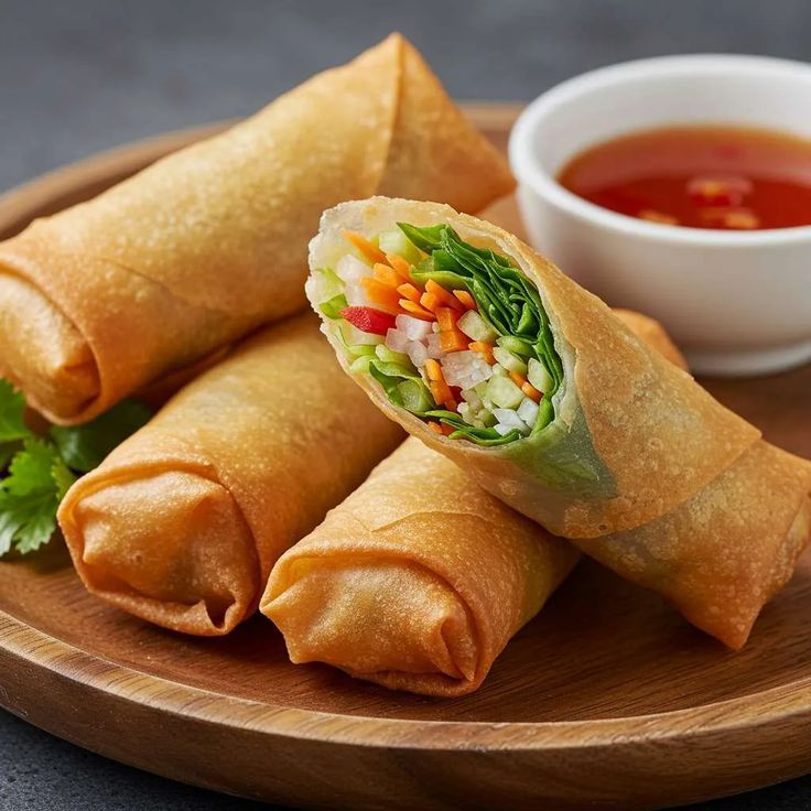 vegetable-air-fried-spring-rolls-with-sauce-in-a-brown-plate