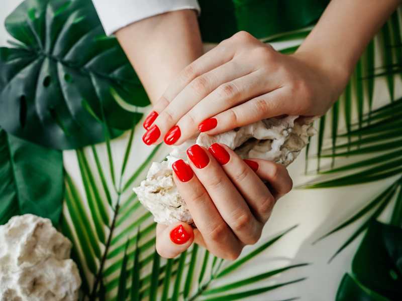 red-valentine's-day-nail-trends-on-a-leafy-green-background