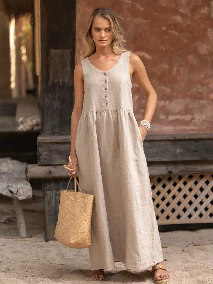 lady-wearing-a-brown-maxi-linen-dress