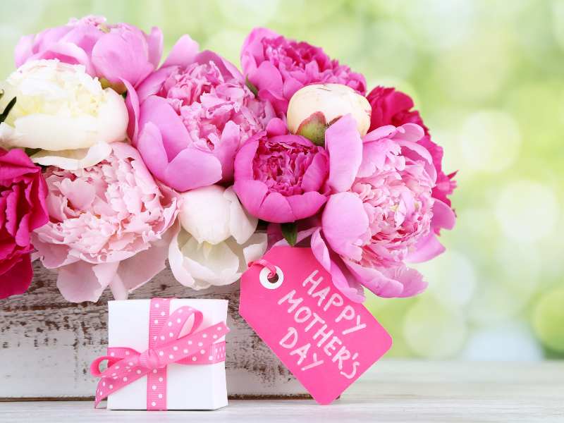 pink-mother's-day-bouquet-on-a-green-floral-background