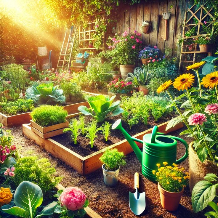 a-small-garden-with-a-green-kettle