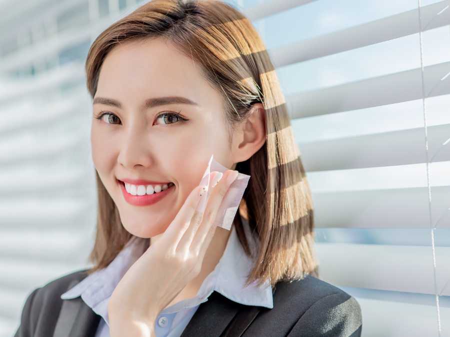 cleaning-her-face-with-blotting-paper