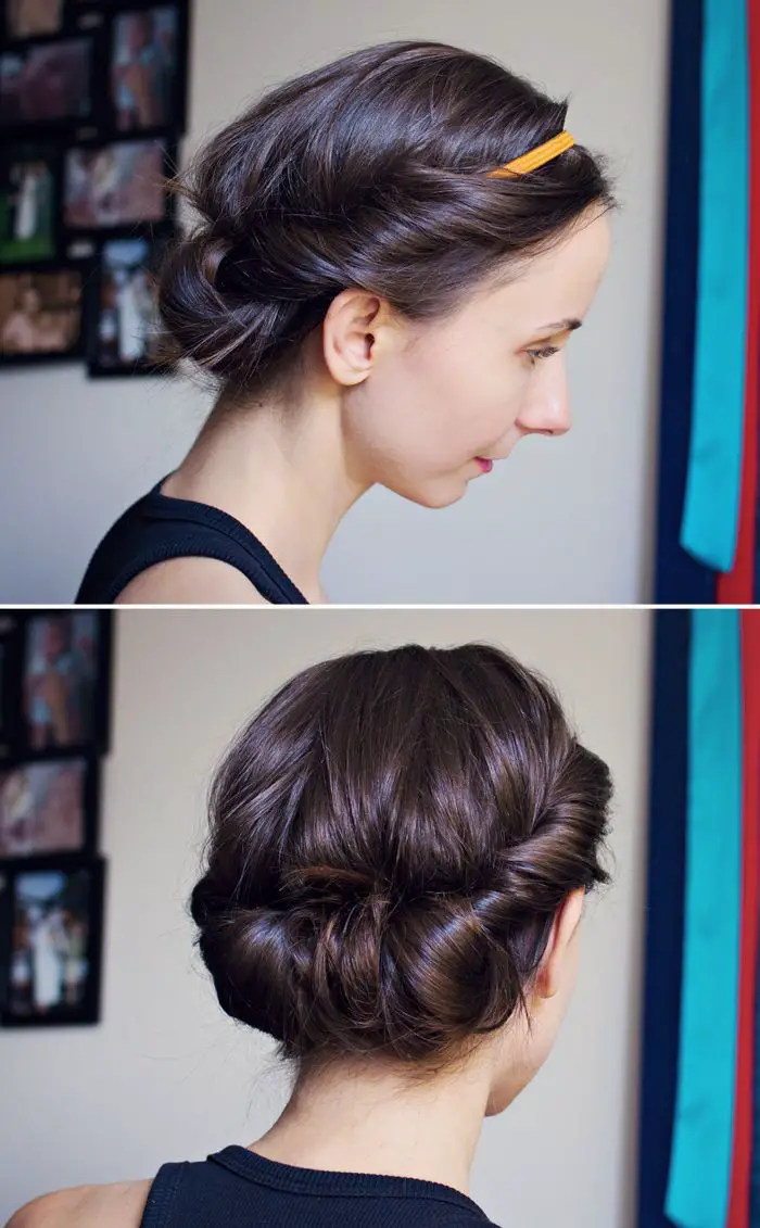 tucking-hair-into-band-to-achieve-no-heat-hairstyle-for-mom-under-5-minute