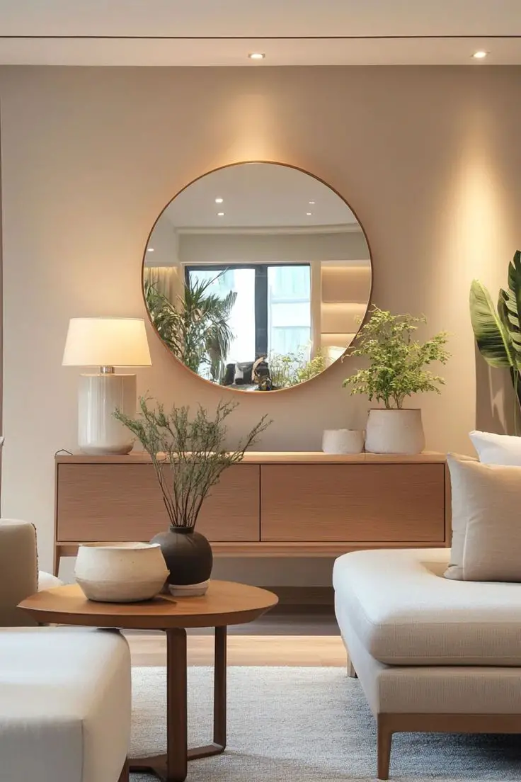 round-mirror-on-the-wall-summer-decor-for-small-apartment
