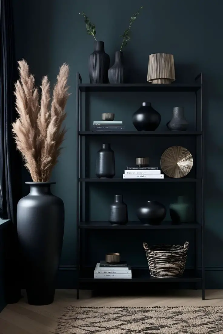 darker-accent-pieces-for-contrast-fall-shelf-styling-ideas