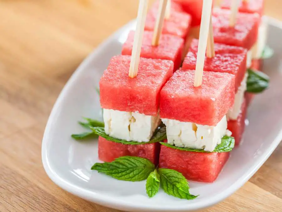 watermelon-feta-skewer-with-mint-leaf-and-cheese