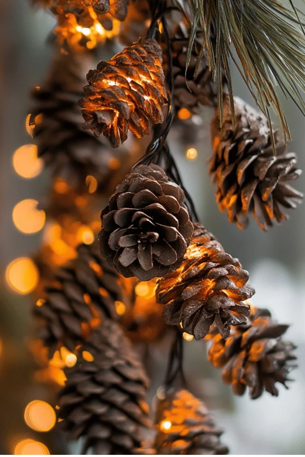 Hanging-fall-craft-pinecone-garland-with-bright-lights