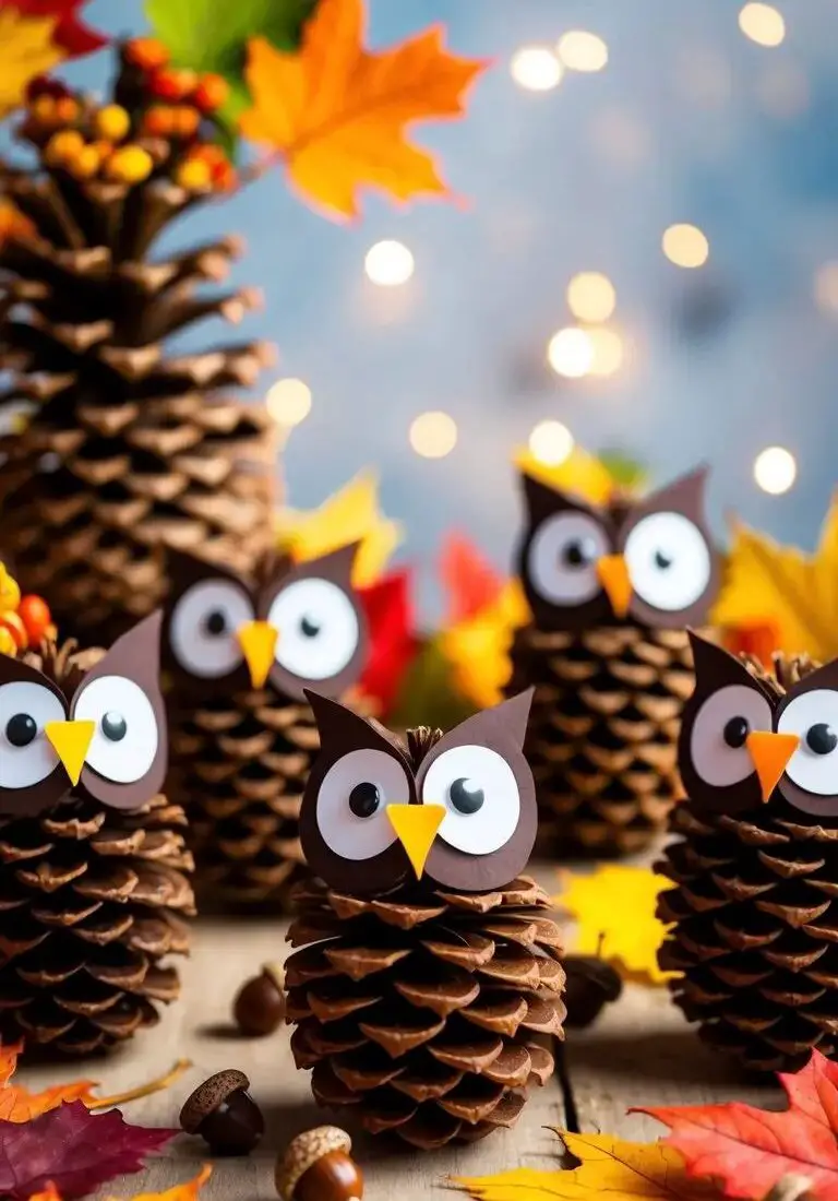 Pinecone-owls-with-paper-eyes-and-beaks-surrounded-by-autumn leaves and acorns.