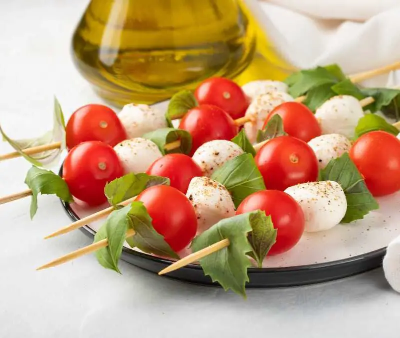 mini caprese-skewer-with-holiday-christmas-party-food-ideas