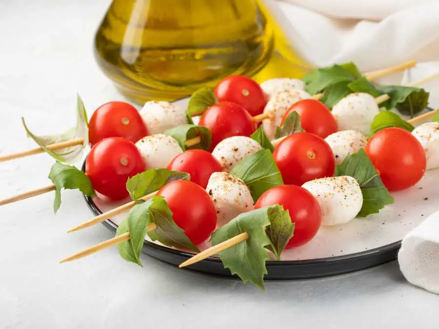 mini caprese-skewer-with-holiday-christmas-party-food-ideas