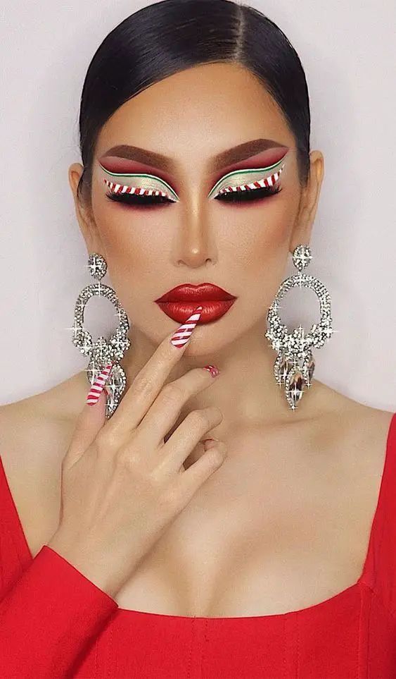 christmas-themed-makeup-with-accent-nail-stunning-red-christmas-nail-ideas