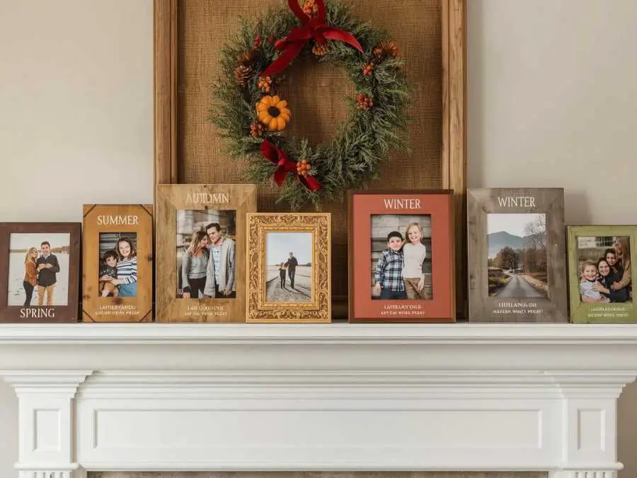 family-photos-in-seasonal-frames-fireplace-mante-decor-ideas
