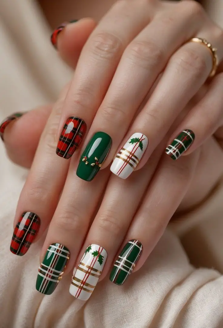 festive-plaid-nails-short-christmas-nail-ideas