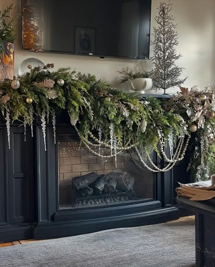 frosted-greenery-and-crystal-accents-fireplace-mantel-decor-ideas
