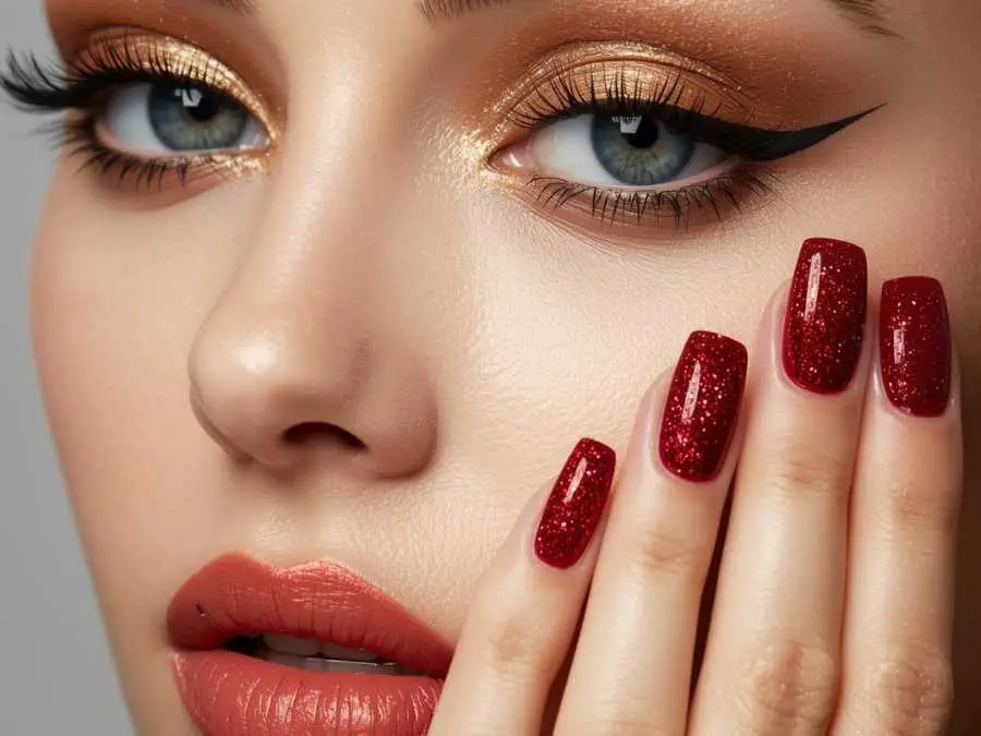gold-eyeshadow-with-red-glitter-nails