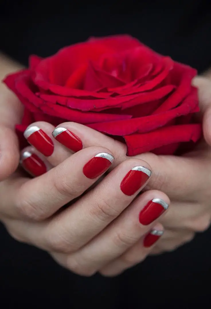 red-and-silver-french-tips-stunning-red-christmas-nail-ideas