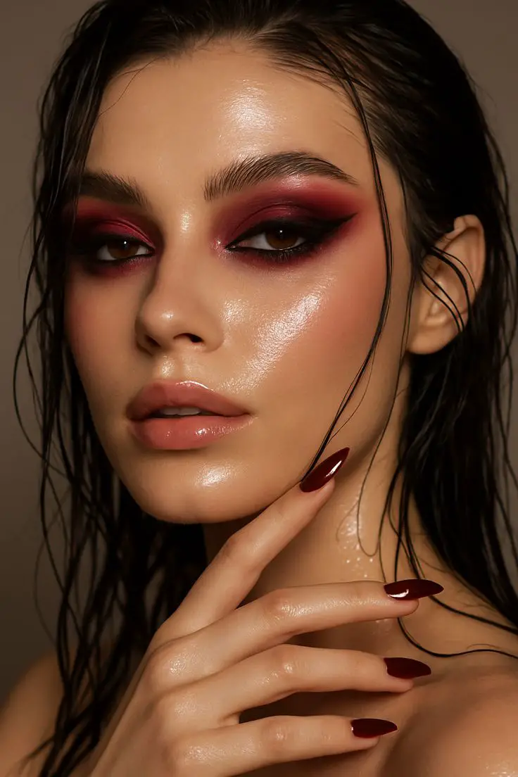 soft-smokey-eyes-with-deep-red-nails-stunning-red-christmas-nail-ideas