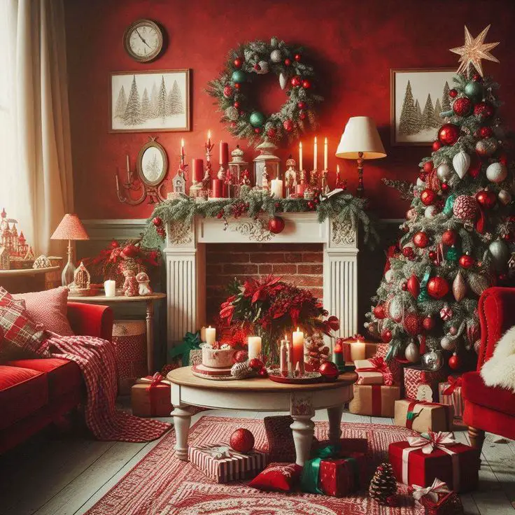 tradittional-red-and-green-theme-christmas-fireplace-mantel-decor-ideas