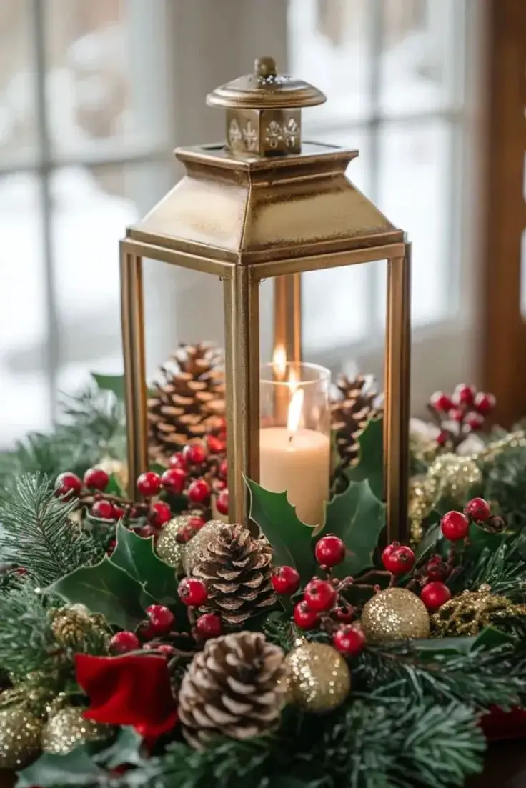christmas-lanterns-with-greenery-green-and-gold-christmas-decor-ideas