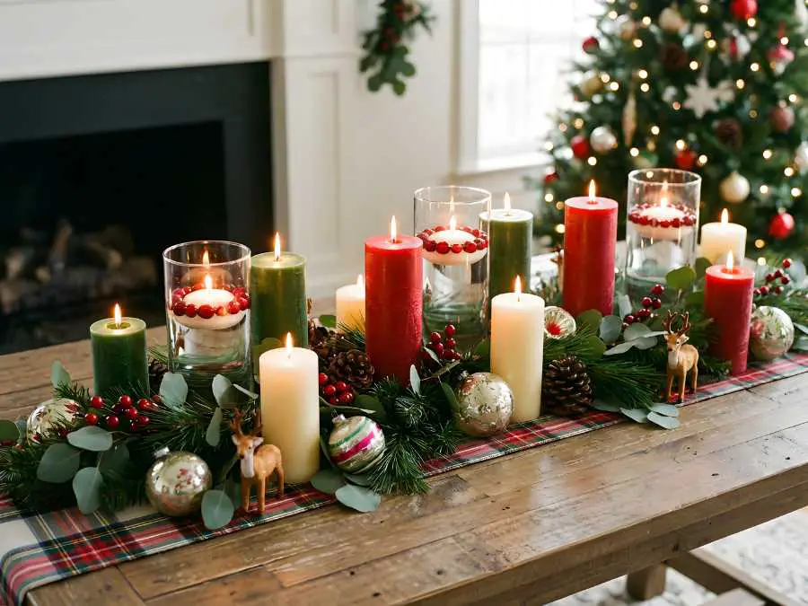 festive-candle-arrangement-lovely-green-and-gold-christmas-decor-ideas
