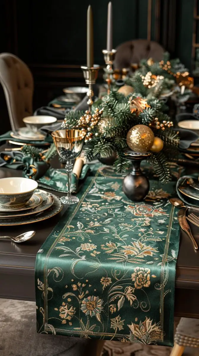festive-green-table-runner-with-gold-accents-gold-and-green-christmas-decor-ideas