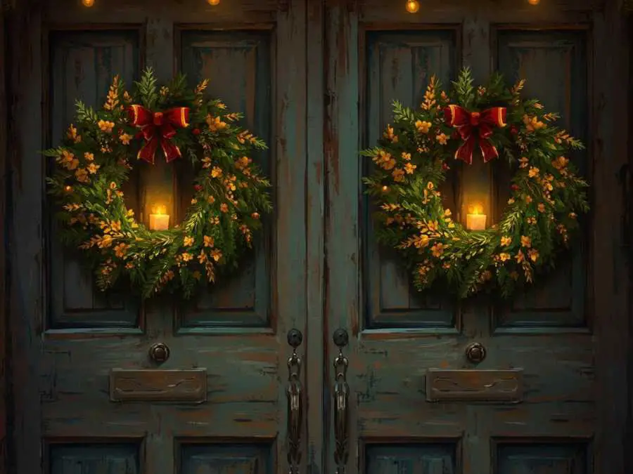 gold-and-green-wreaths-on-doors-green-and-gold-christmas-decor-ideas