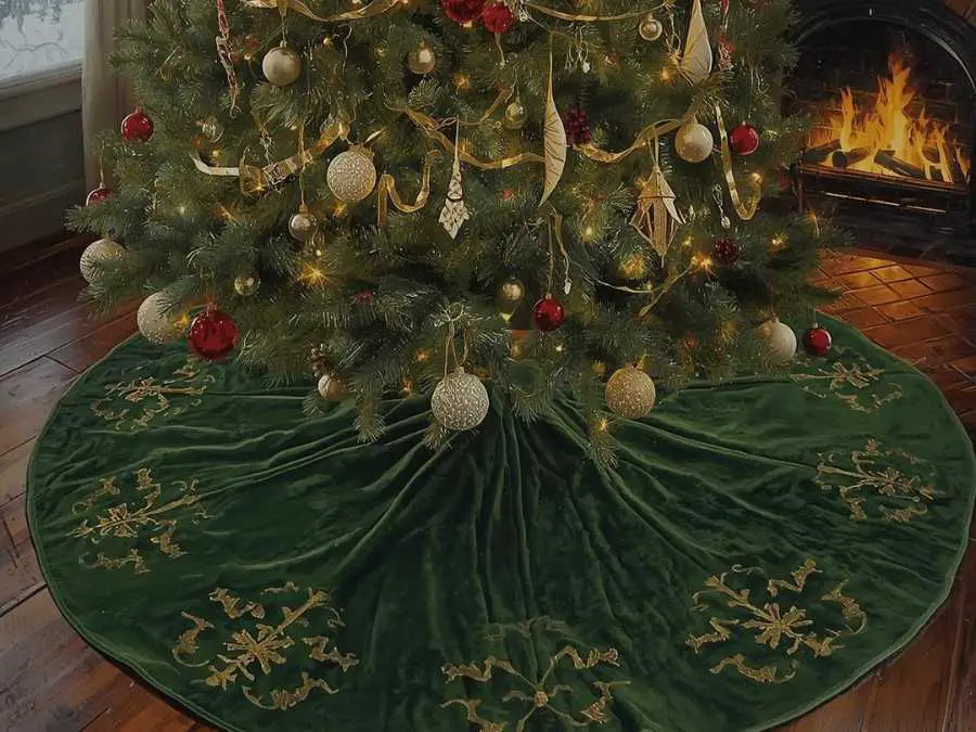 gree3n-velvet tree skirt with gold accents-gold and green christmas decor ideas