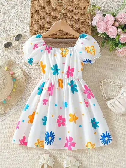 floral-print-dress-with-gathered-sleeves-throwback-kids-fashion-outfit
