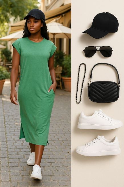 Green-Midi-Dress-with White-Sneakers-cute-st.patrick's-day-college-outfit