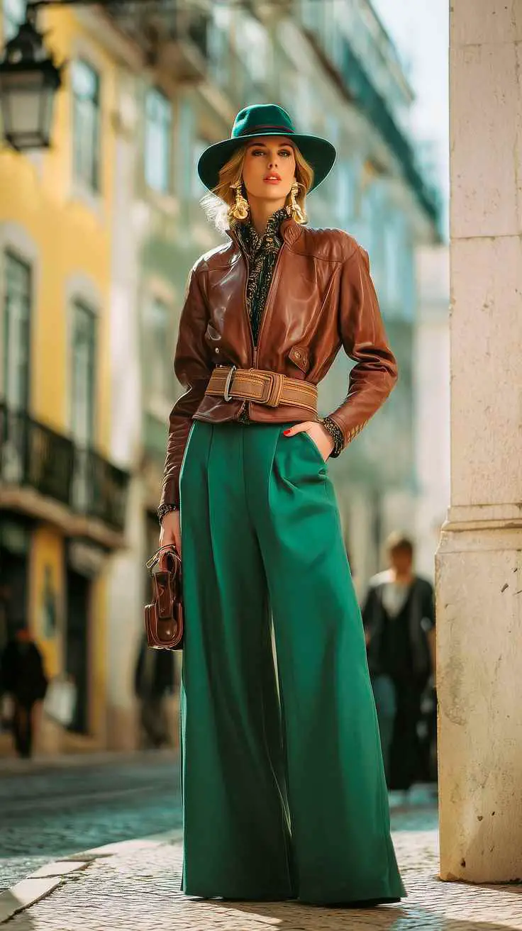High-Waisted-Green-Trousers-with-a-Leather-Jacket
