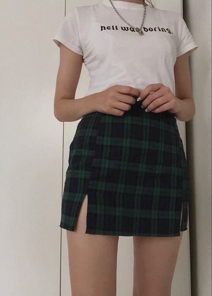 White-Baby-Tee-with a- Green-Plaid-Skirt