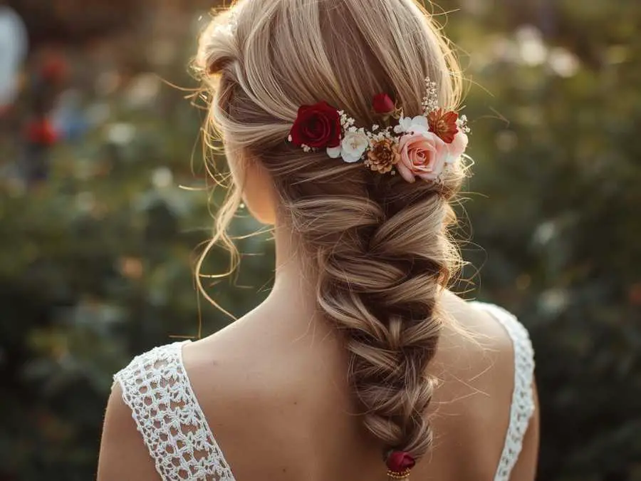 fishtail-side-braid-with-flowers-boho-wedding-hair-ideas
