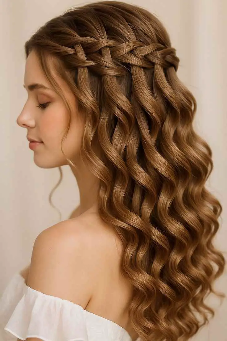 half-up-braided-waterfall-boho-wedding-hair-ideas
