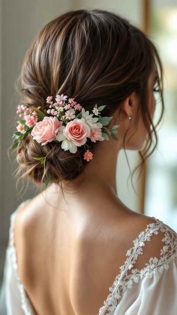 loose-bun-with-floral-pins-boho-wedding-hair-ideas