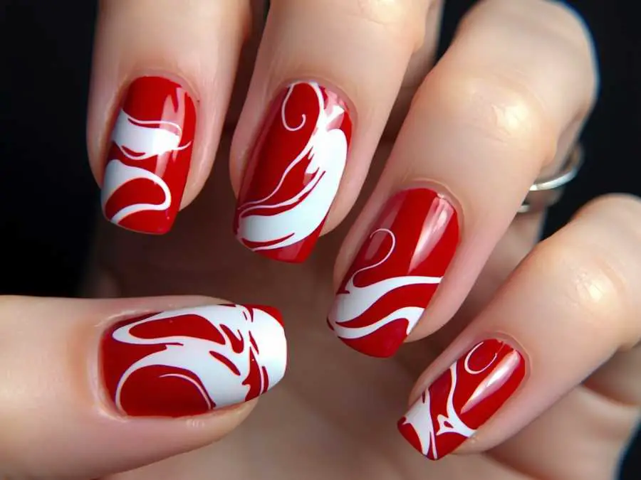 Red-Nails-with-White-Swirls-cute-red-nails